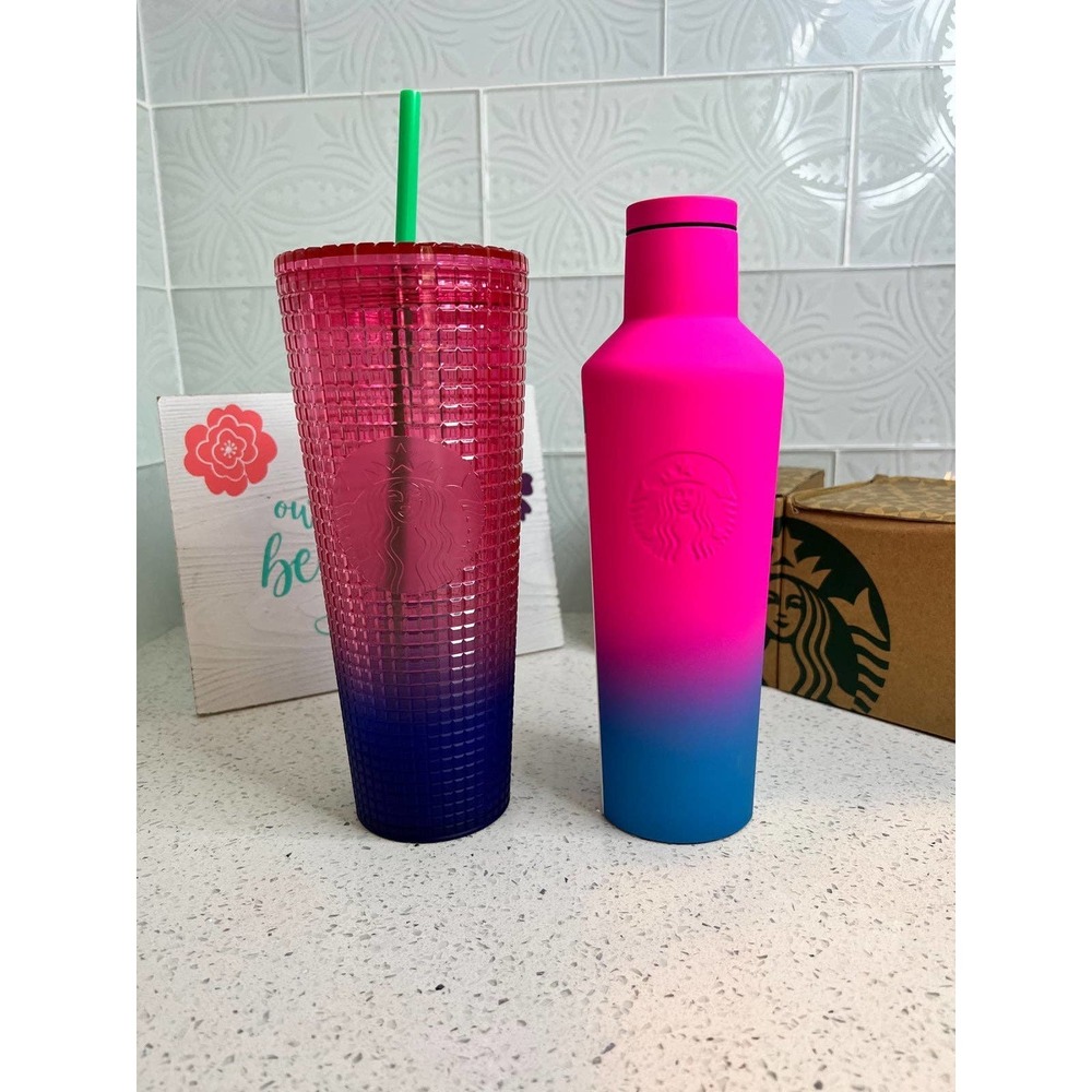 Starbucks CorkCicle Soft Touch Summer Pink/Blue SS Kettle Water Bottle & Grid